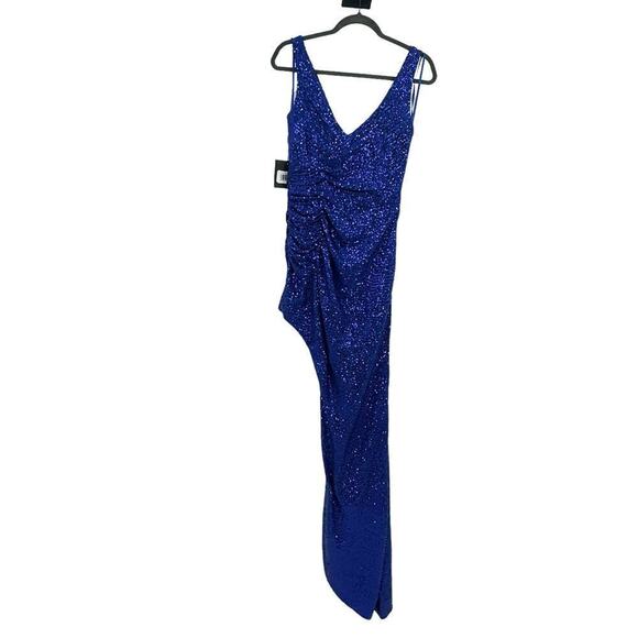 Mac Duggal Sequin Draped Faux Wrap Asymmetrical Hem Gown Cobalt Size 6 NWT - Picture 11 of 12